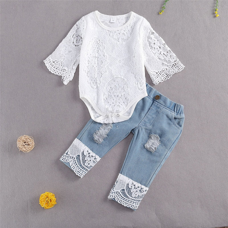 Lace & Distress Denim Set – Baby Girl Edition