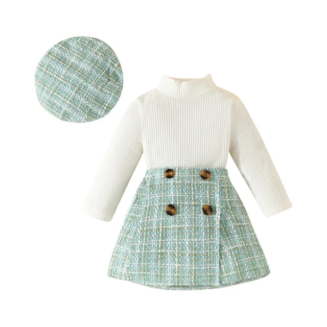 Chic Tweed Plaid Skirt Set with Beret