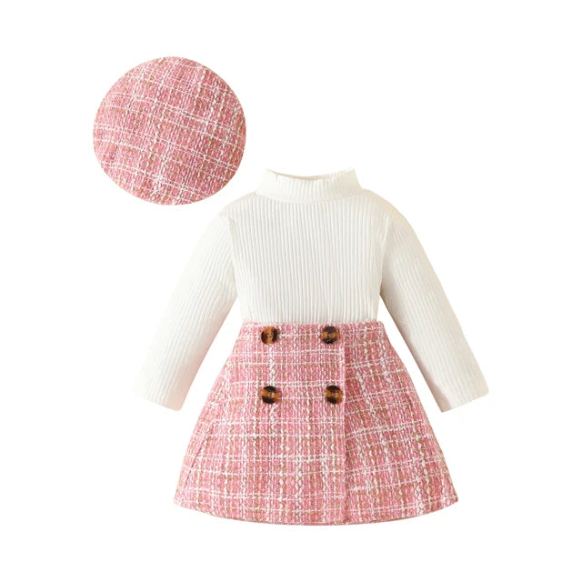 Chic Tweed Plaid Skirt Set with Beret