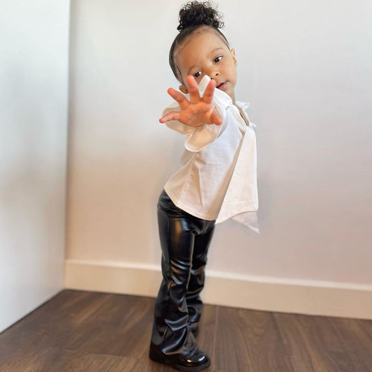 Mini Boss Luxe Set – Ruffle Blouse & Faux Leather Pants