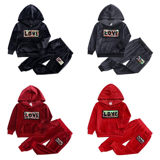 Kids Velvet Hoodie & Jogger Set – “LOVE” Sequin Patch – 2-Piece Outfit