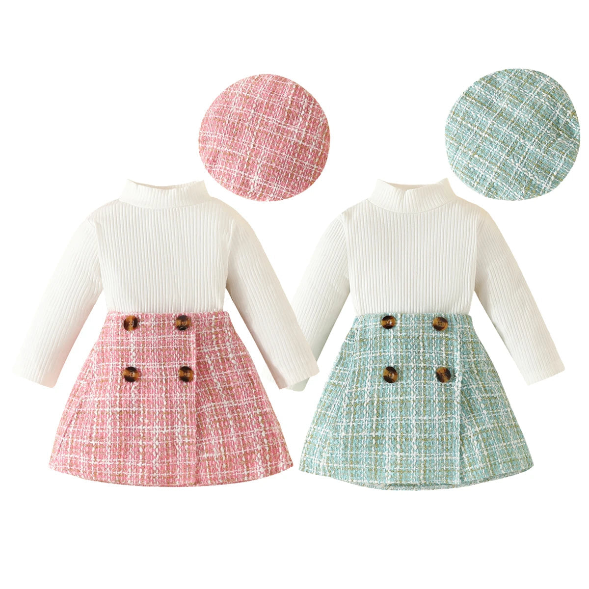 Chic Tweed Plaid Skirt Set with Beret