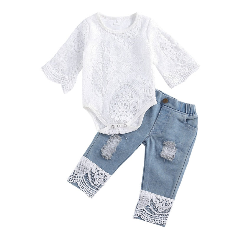 Lace & Distress Denim Set – Baby Girl Edition