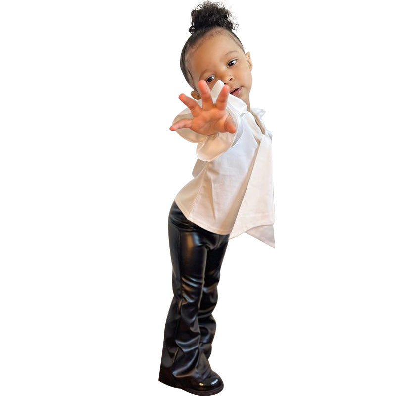 Mini Boss Luxe Set – Ruffle Blouse & Faux Leather Pants
