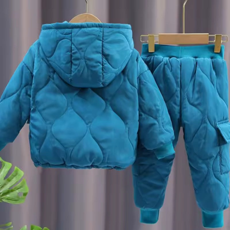 Kids Quilted Puffer Set – Warm Hooded Jacket & Pants (Red, Blue, Black)