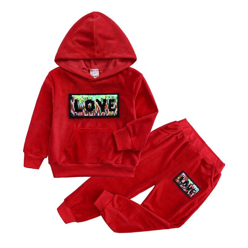 Kids Velvet Hoodie & Jogger Set – “LOVE” Sequin Patch – 2-Piece Outfit