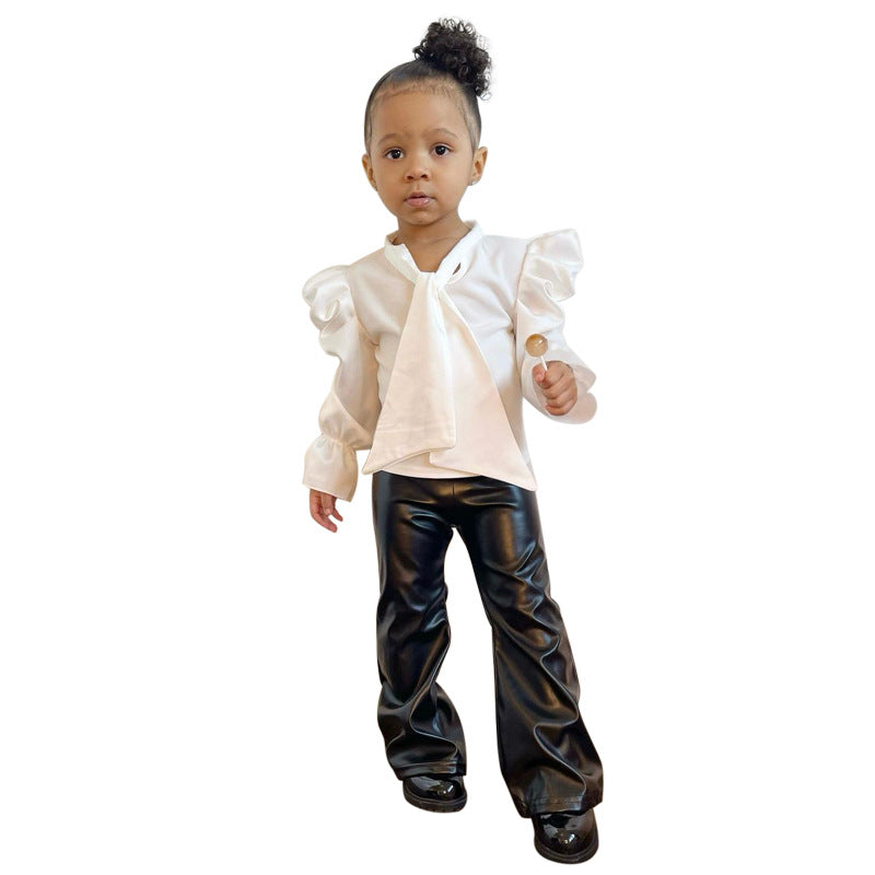 Mini Boss Luxe Set – Ruffle Blouse & Faux Leather Pants