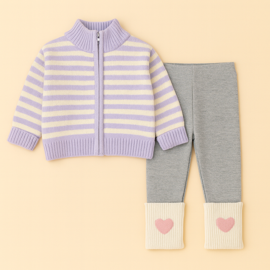 Sweetheart Stripes Set – Cozy Knit Sweater & Heart Leggings