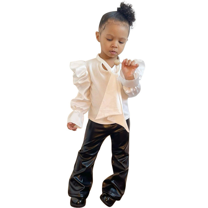 Mini Boss Luxe Set – Ruffle Blouse & Faux Leather Pants