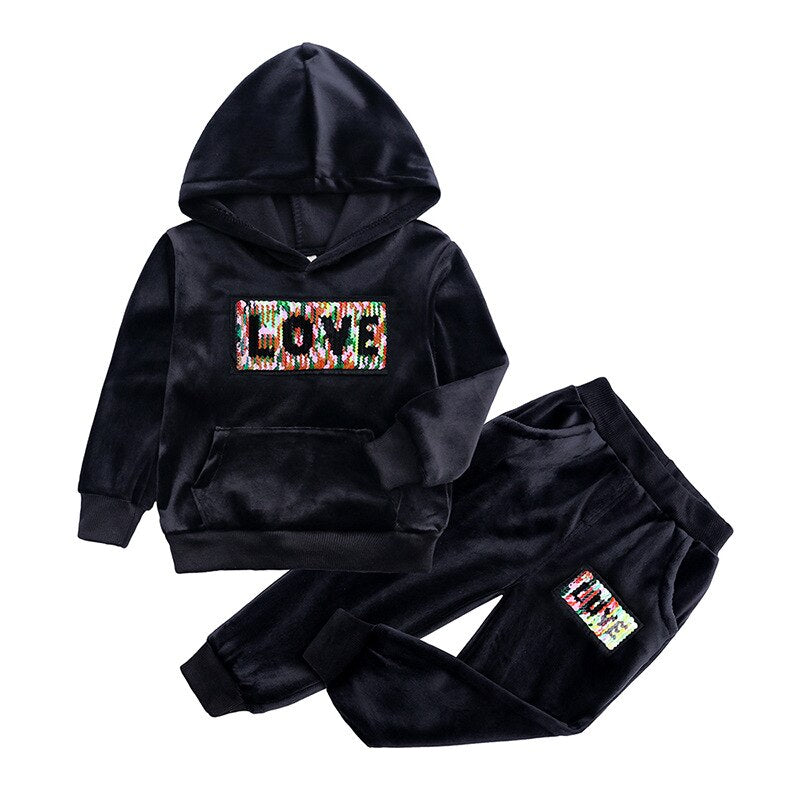 Kids Velvet Hoodie & Jogger Set – “LOVE” Sequin Patch – 2-Piece Outfit