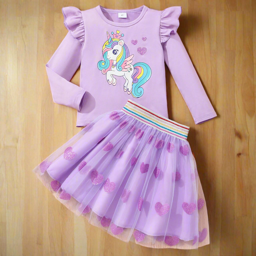 Unicorn Dreams Ruffle Top & Heart Tulle Skirt Set