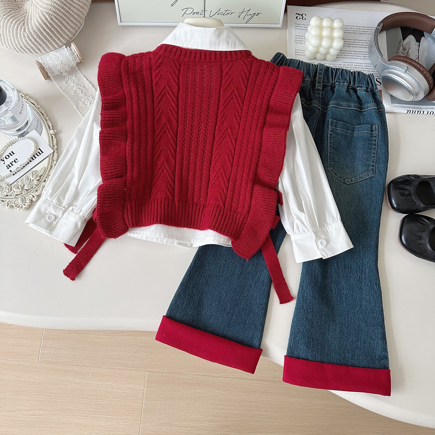 Girls Lavender Ruffle Sweater Vest Outfit – White Blouse & Denim Pants Set