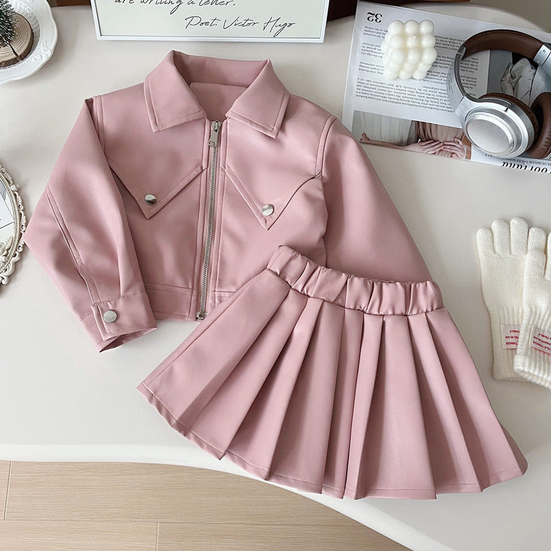 Girls’ Faux Leather Jacket & Skirt Set – Stylish 2-Piece Outfit in Black or Pink