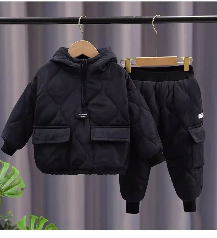 Kids Quilted Puffer Set – Warm Hooded Jacket & Pants (Red, Blue, Black)