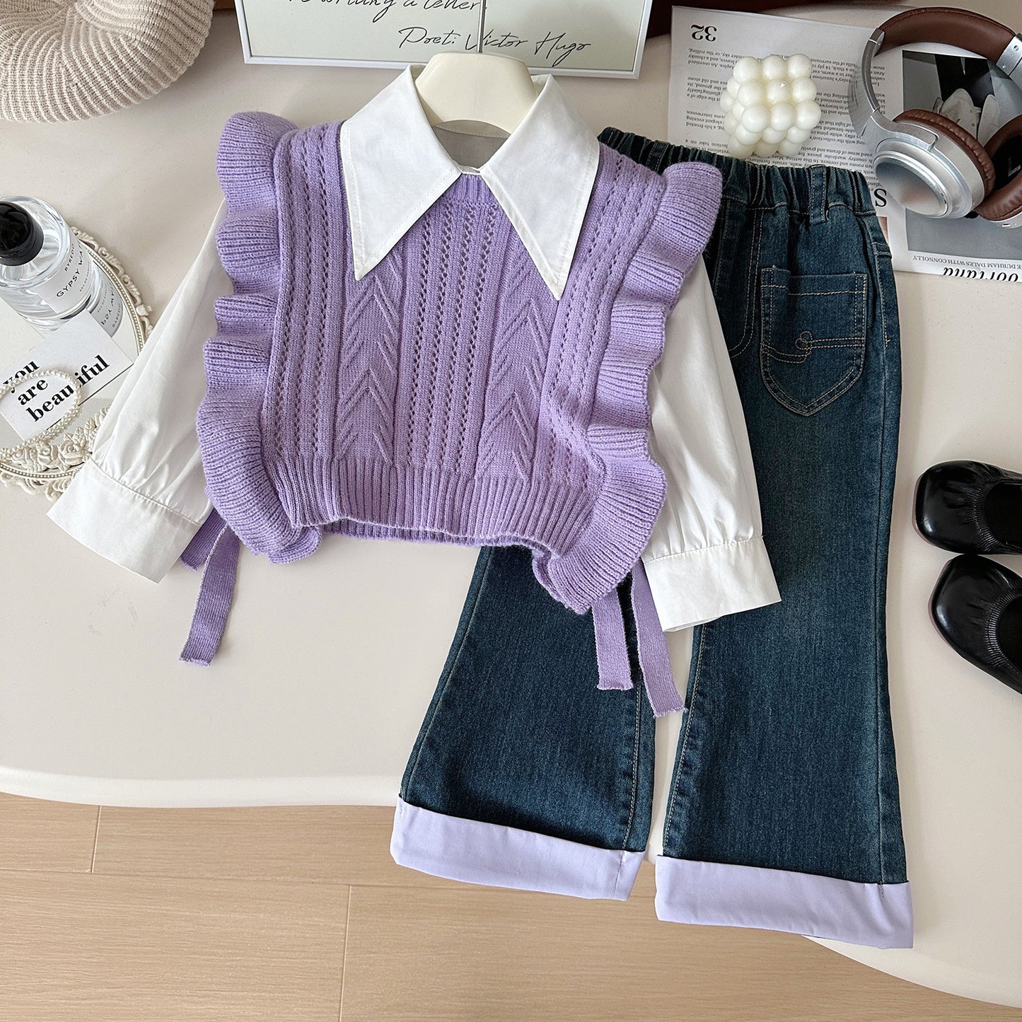 Girls Lavender Ruffle Sweater Vest Outfit – White Blouse & Denim Pants Set