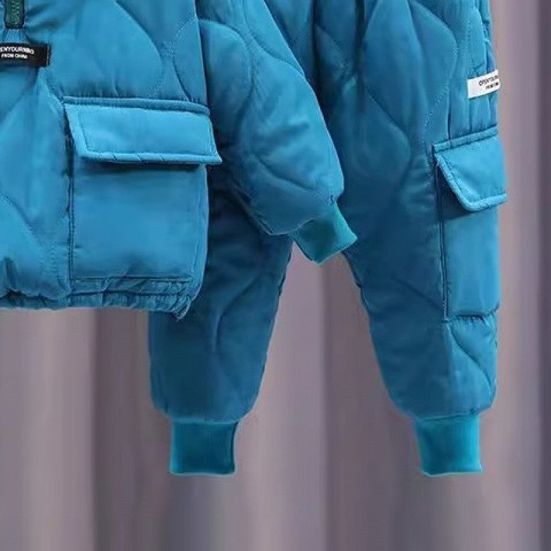 Kids Quilted Puffer Set – Warm Hooded Jacket & Pants (Red, Blue, Black)