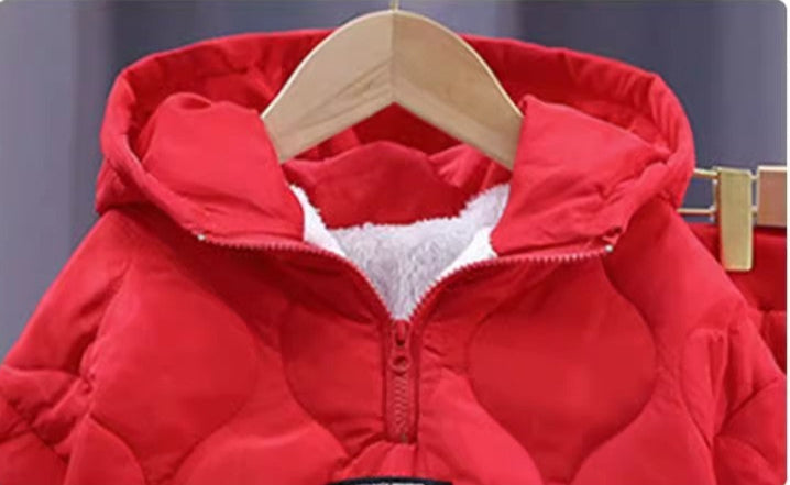 Kids Quilted Puffer Set – Warm Hooded Jacket & Pants (Red, Blue, Black)