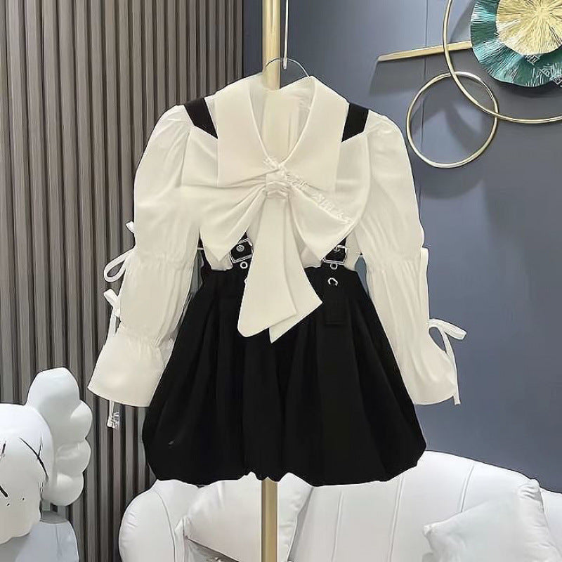 Girls Bow Blouse & Suspender Skirt Set