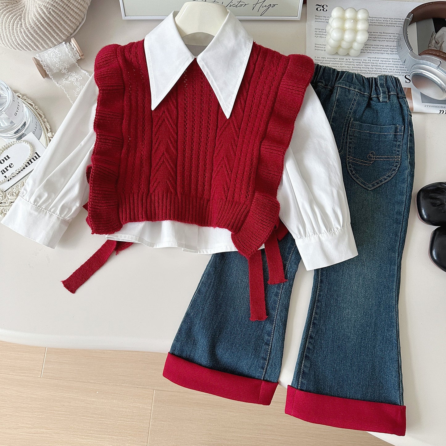 Girls Lavender Ruffle Sweater Vest Outfit – White Blouse & Denim Pants Set