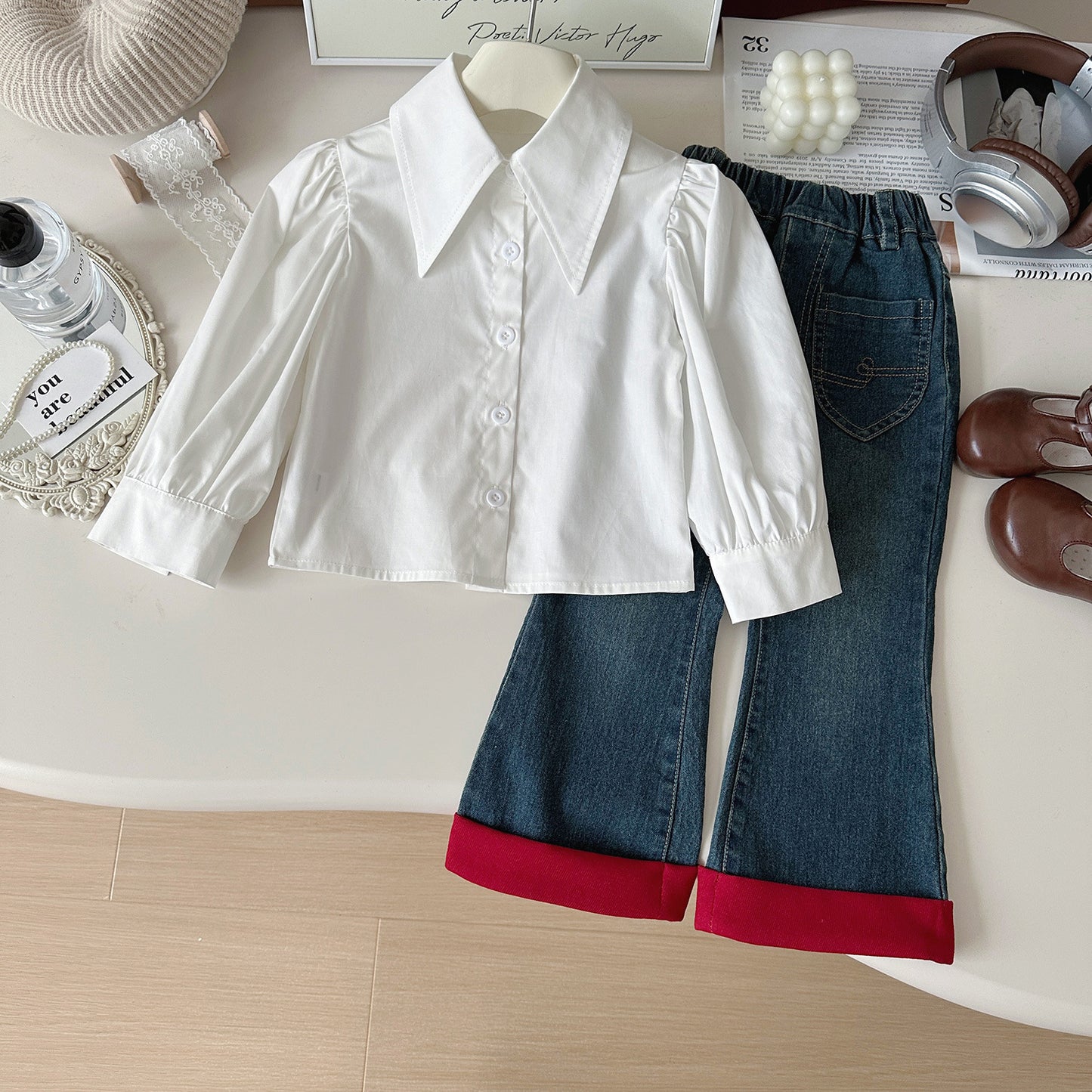 Girls Lavender Ruffle Sweater Vest Outfit – White Blouse & Denim Pants Set
