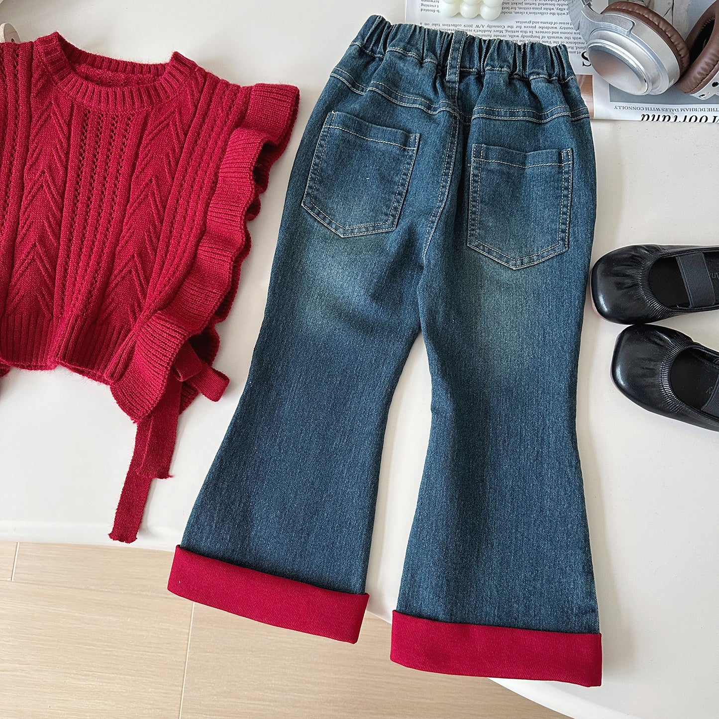 Girls Lavender Ruffle Sweater Vest Outfit – White Blouse & Denim Pants Set