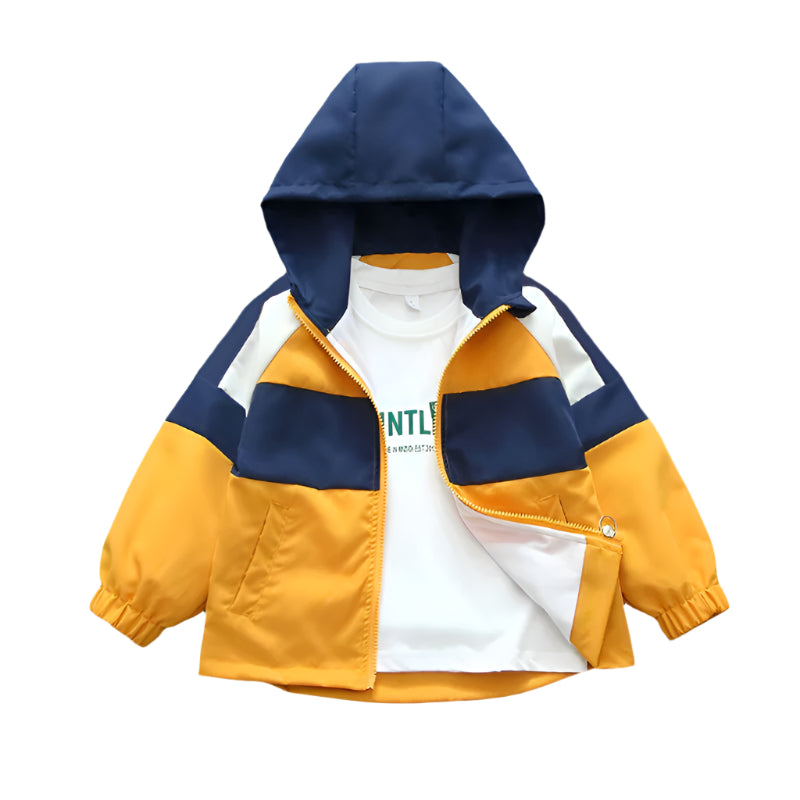 Children's jacket with navy and yellow design on a beige background