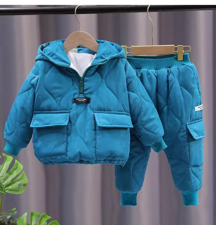 Kids Quilted Puffer Set – Warm Hooded Jacket & Pants (Red, Blue, Black)