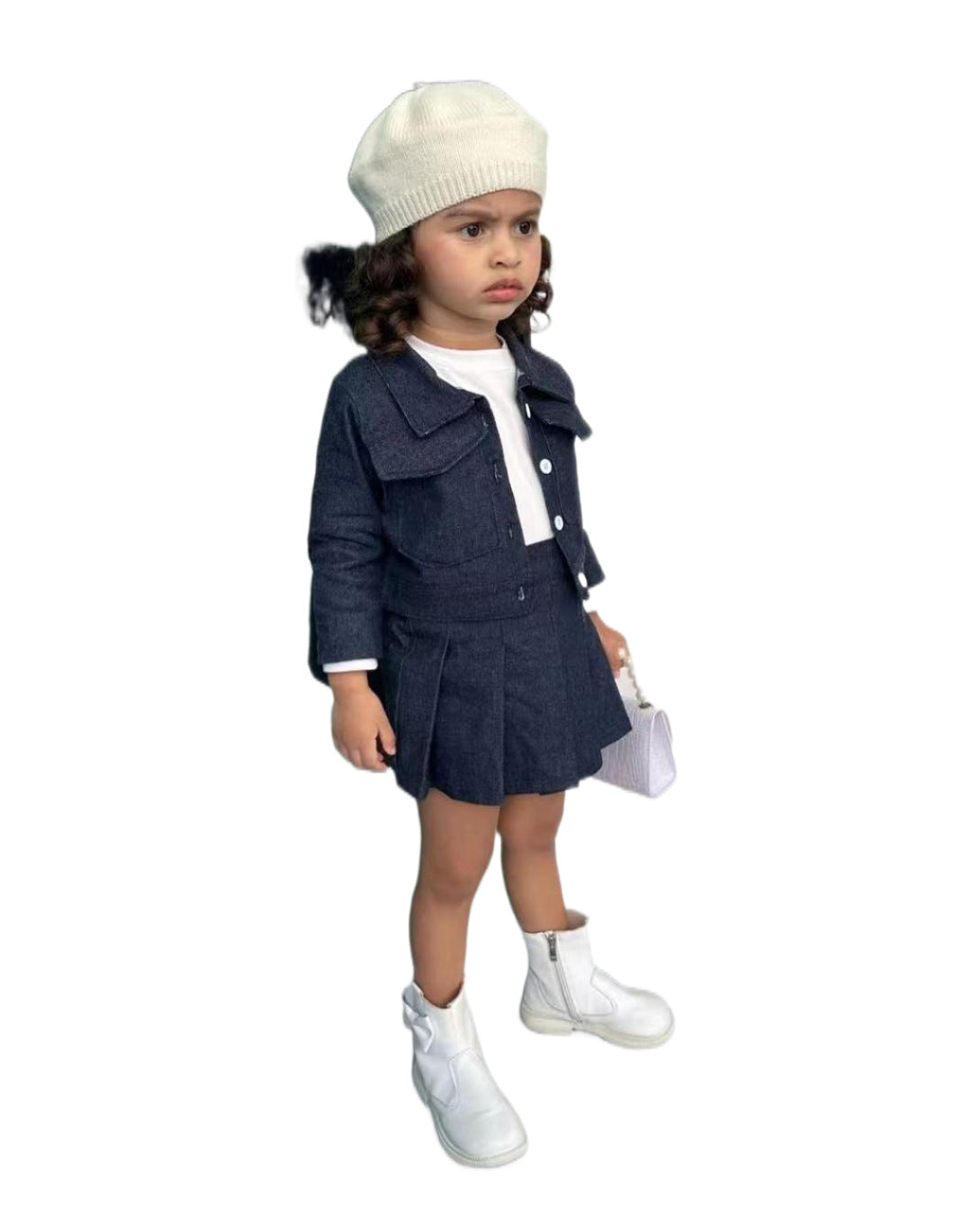 Chic Mini Trendsetter – Denim Jacket & Pleated Skirt Set