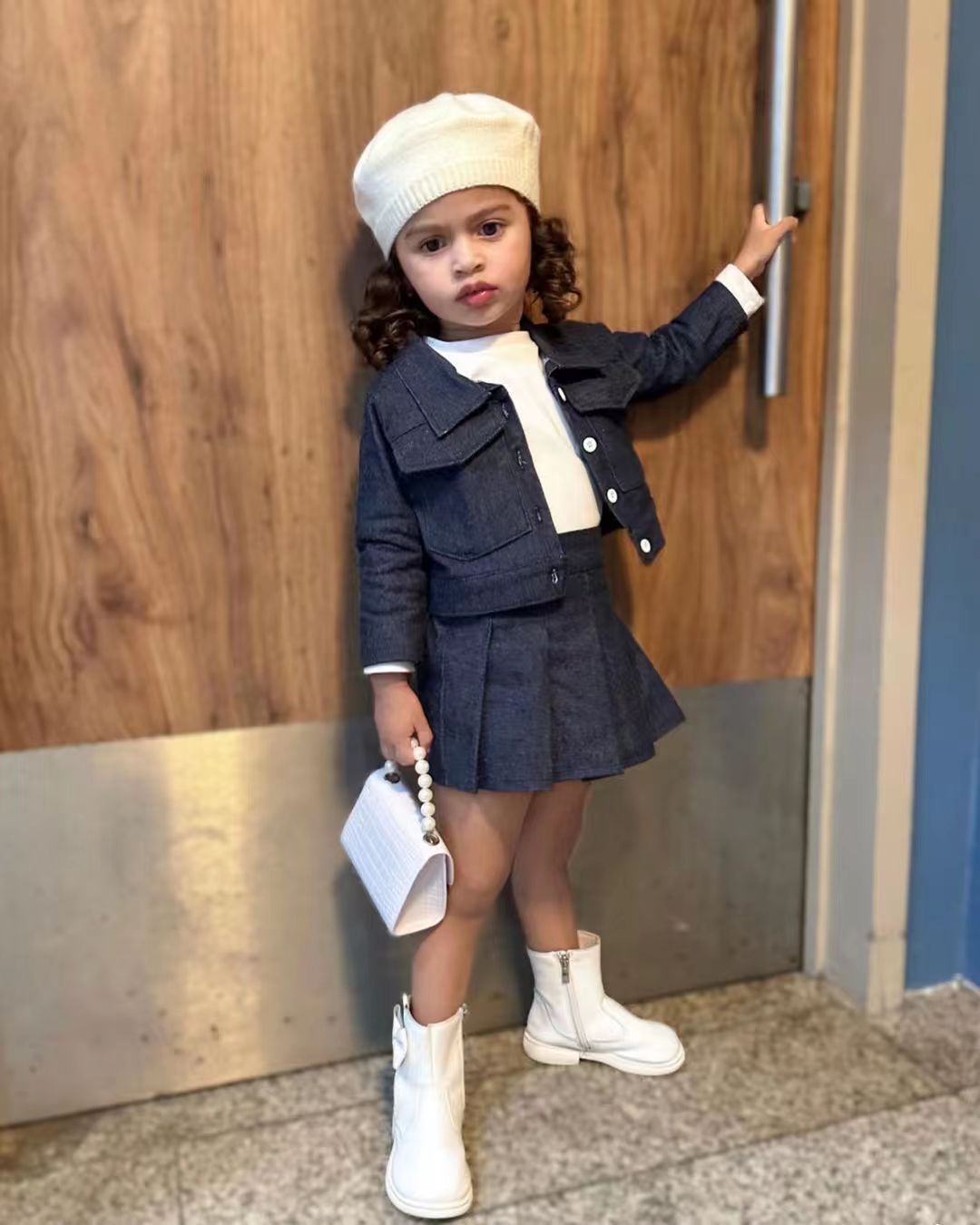 Chic Mini Trendsetter – Denim Jacket & Pleated Skirt Set