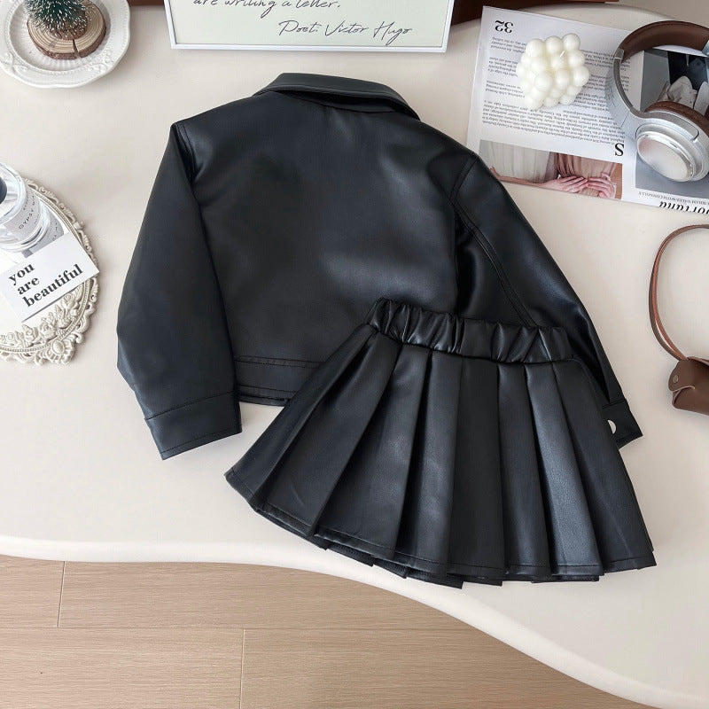 Girls’ Faux Leather Jacket & Skirt Set – Stylish 2-Piece Outfit in Black or Pink