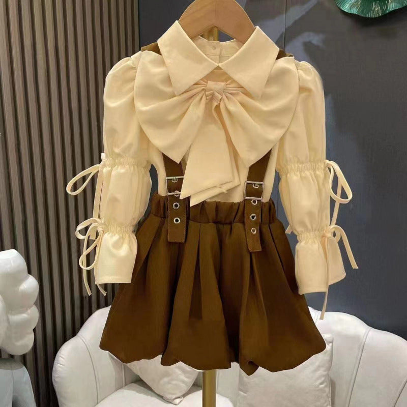 Girls Bow Blouse & Suspender Skirt Set