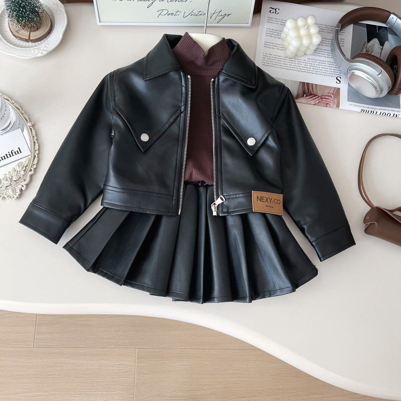 Girls’ Faux Leather Jacket & Skirt Set – Stylish 2-Piece Outfit in Black or Pink
