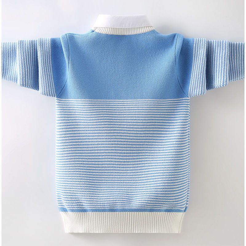 Boys’ Sky Blue Knit Sweater with White Collar | Mini Major Kids