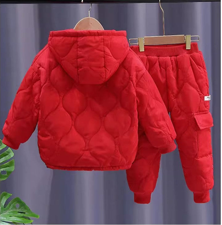 Kids Quilted Puffer Set – Warm Hooded Jacket & Pants (Red, Blue, Black)