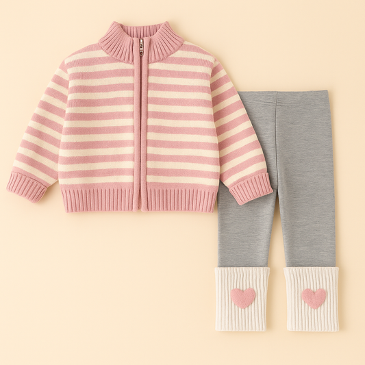 Sweetheart Stripes Set – Cozy Knit Sweater & Heart Leggings