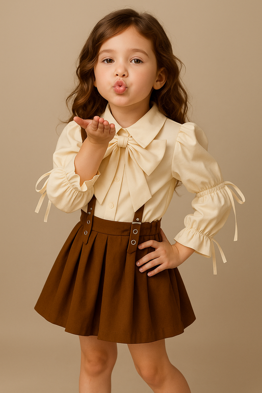 Girls Bow Blouse & Suspender Skirt Set