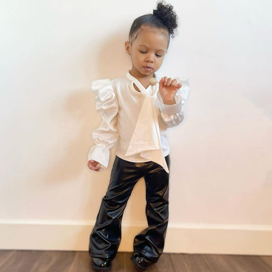 Mini Boss Luxe Set – Ruffle Blouse & Faux Leather Pants