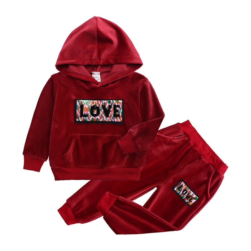 Kids Velvet Hoodie & Jogger Set – “LOVE” Sequin Patch – 2-Piece Outfit