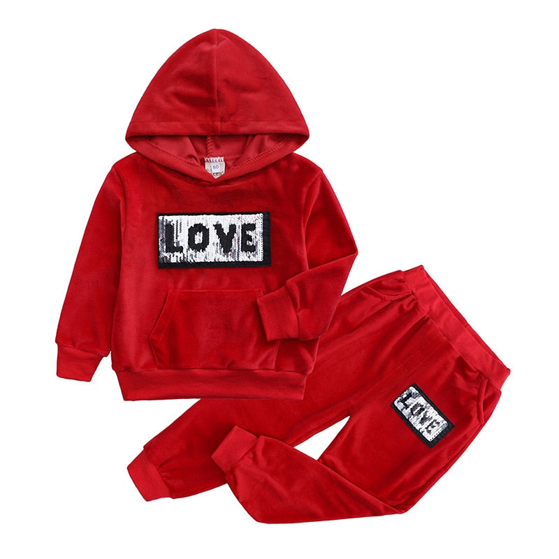Kids Velvet Hoodie & Jogger Set – “LOVE” Sequin Patch – 2-Piece Outfit