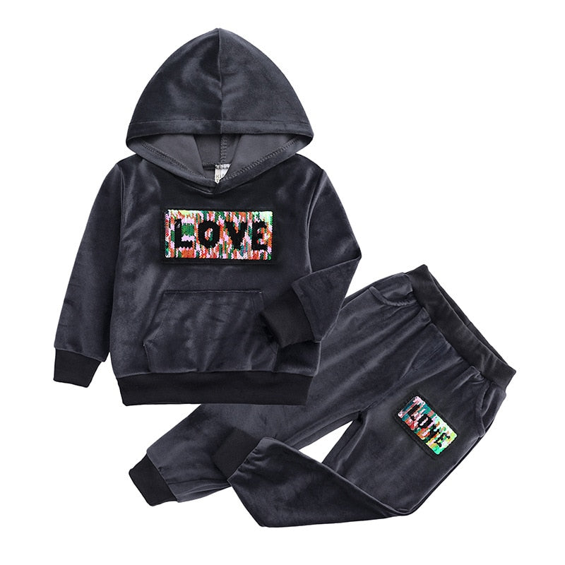 Kids Velvet Hoodie & Jogger Set – “LOVE” Sequin Patch – 2-Piece Outfit