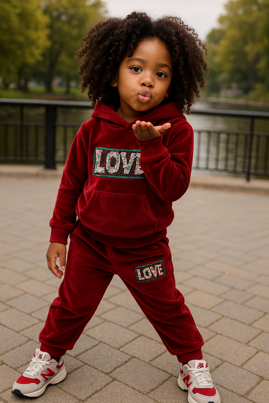 Kids Velvet Hoodie & Jogger Set – “LOVE” Sequin Patch – 2-Piece Outfit