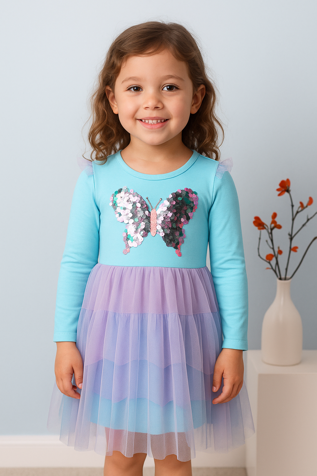 Butterfly Sparkle Tulle Dress – Long Sleeve Princess Party Dress for Girls
