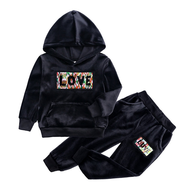 Kids Velvet Hoodie & Jogger Set – “LOVE” Sequin Patch – 2-Piece Outfit
