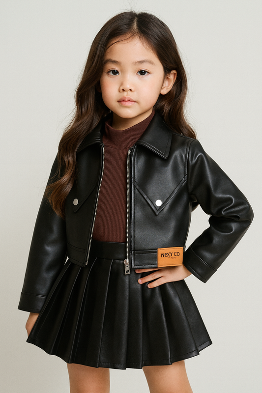 Girls’ Faux Leather Jacket & Skirt Set – Stylish 2-Piece Outfit in Black or Pink