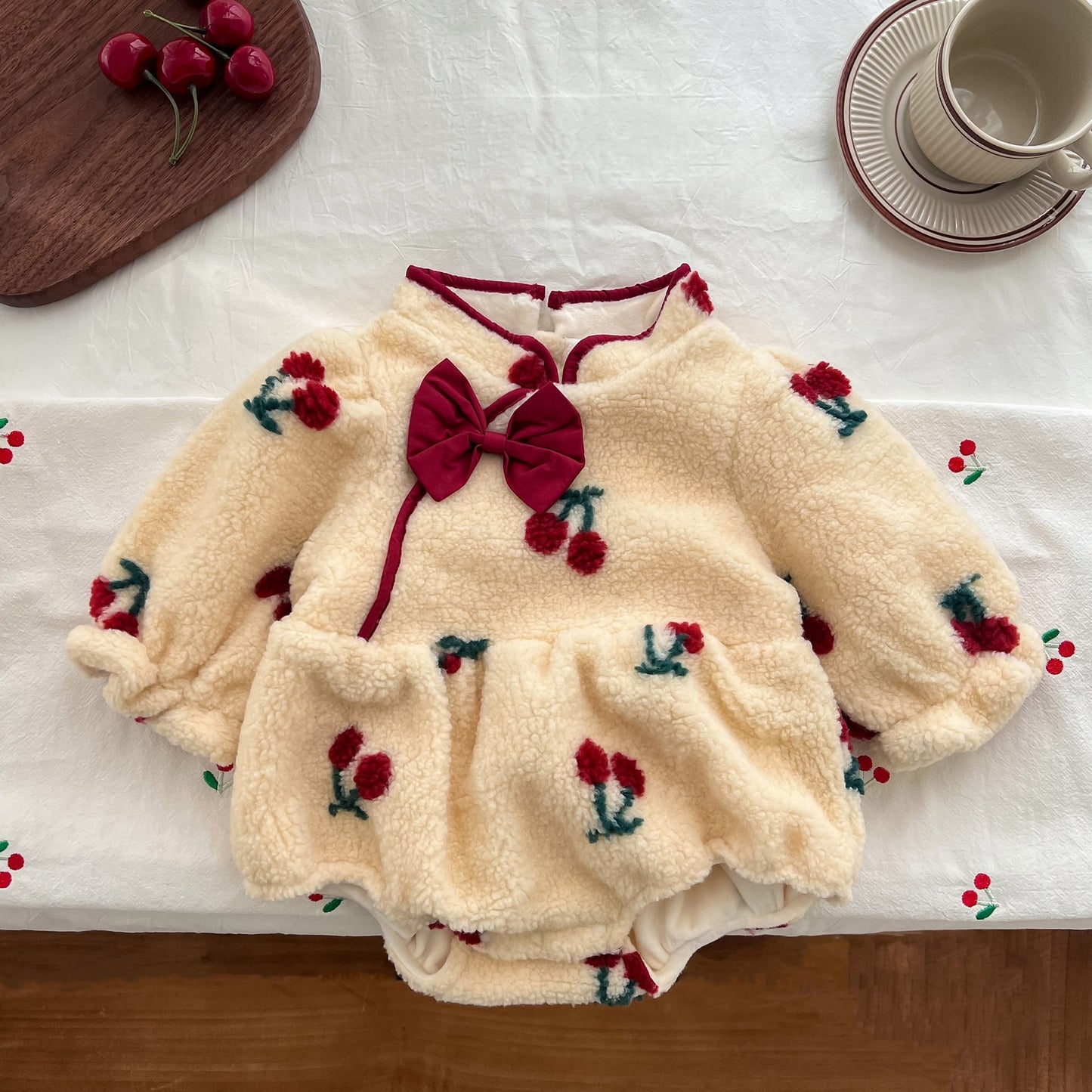 Cherry Puff Romper – Fleece Winter One-Piece