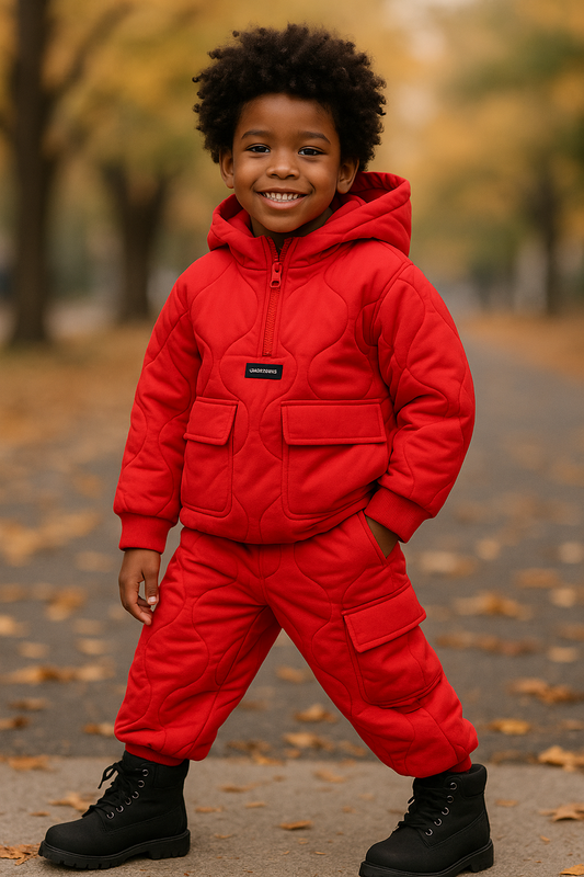 Kids Quilted Puffer Set – Warm Hooded Jacket & Pants (Red, Blue, Black)