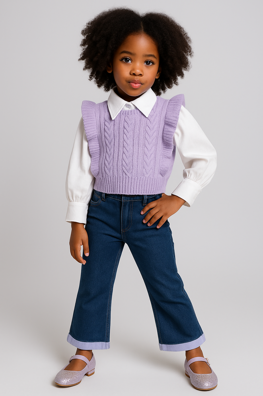 Girls Lavender Ruffle Sweater Vest Outfit – White Blouse & Denim Pants Set