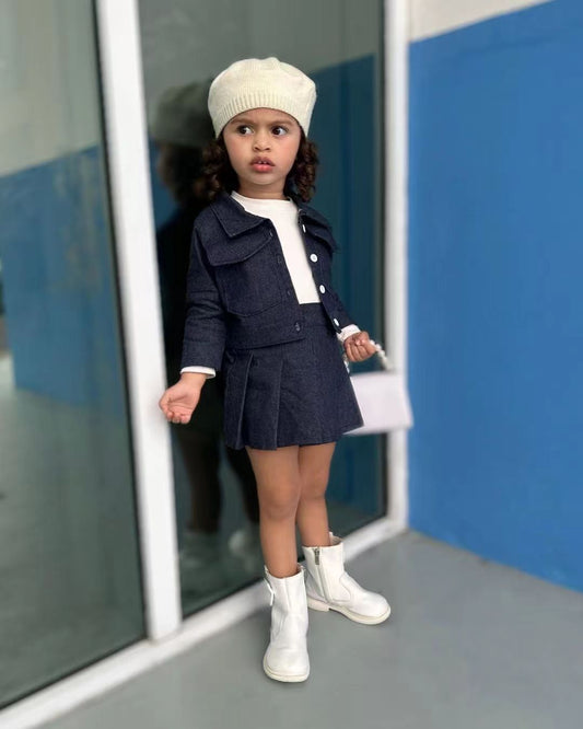 Chic Mini Trendsetter – Denim Jacket & Pleated Skirt Set