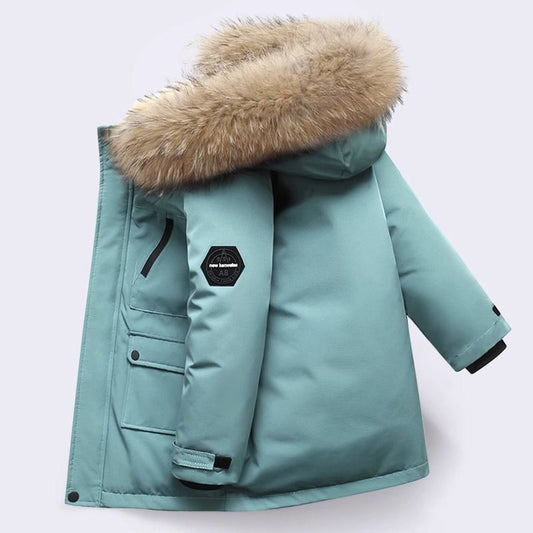 Winter New Boys' Cotton Clothes Korean Style Middle and Big Children's Thickened Down Cotton Big Hair Collar Overcome Cotton Coat