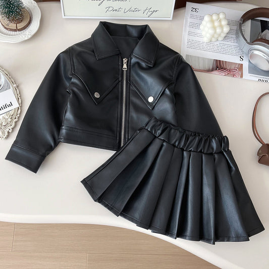 Girls’ Faux Leather Jacket & Skirt Set – Stylish 2-Piece Outfit in Black or Pink